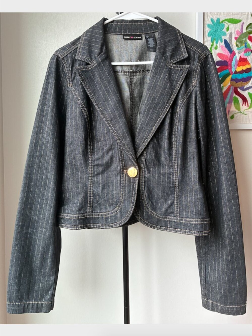 DKNY Charcoal Pinstripe Single-Button Blazer with Gold Button